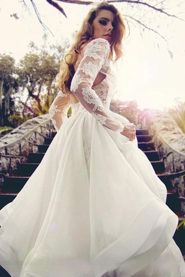 Glamorous V Neck Long Sleeves Lace Organza Wedding Dresses WD125 by pgmdress