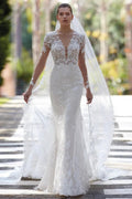 Glamorous V-neck Mermaid Appliques Long Sleeves Wedding Dress With Lace by misshow.com