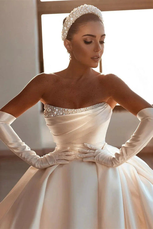 Glamorous White A-line Beading Satin Wedding Dress With Train by misshow.com