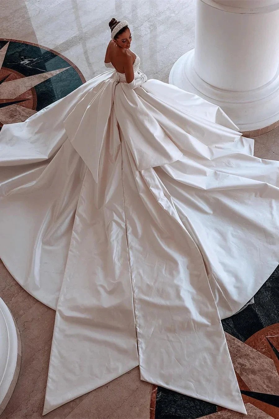 Glamorous White A-line Beading Satin Wedding Dress With Train by misshow.com