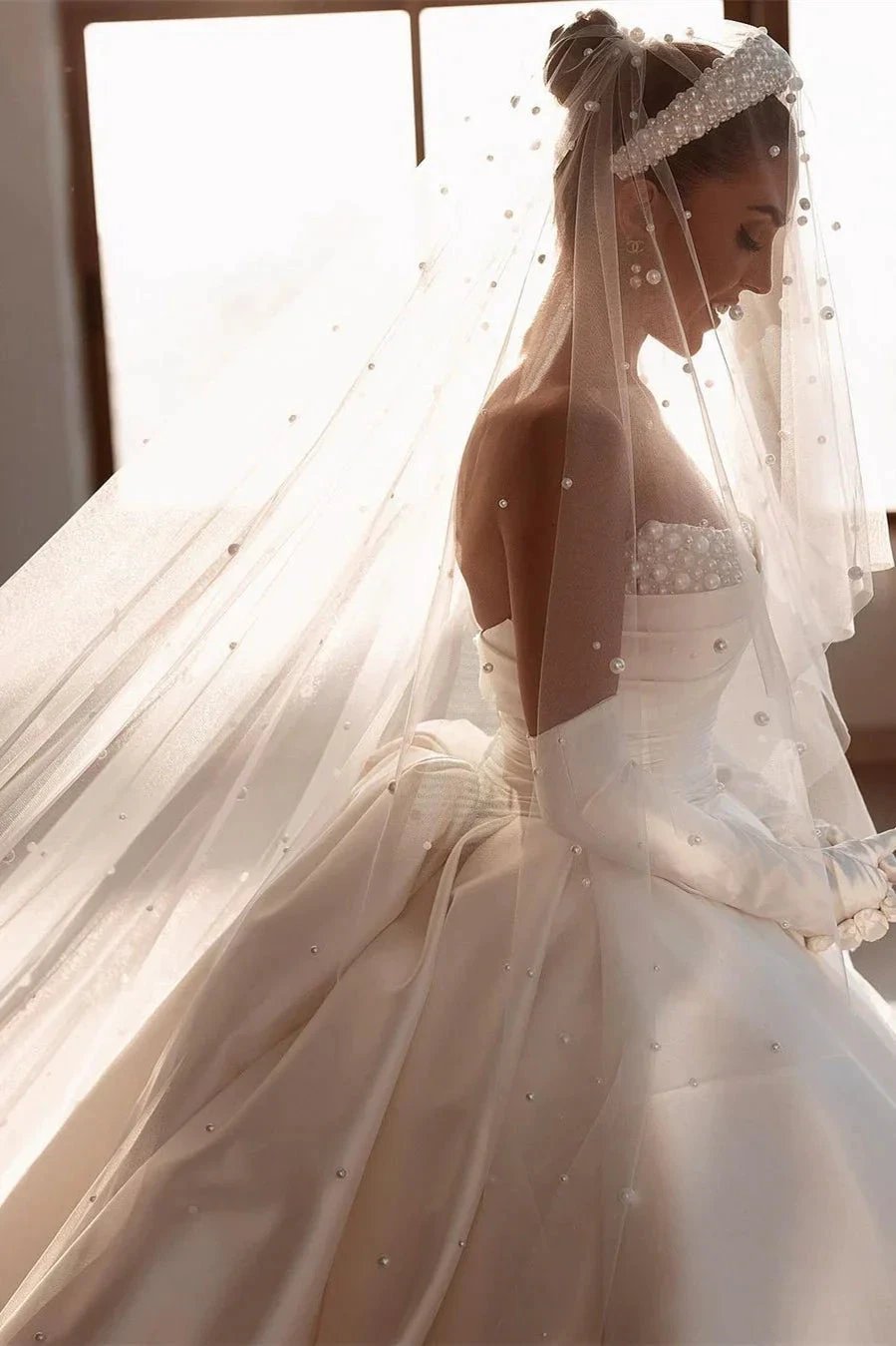 Glamorous White A-line Beading Satin Wedding Dress With Train by misshow.com