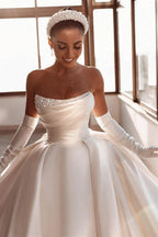 Glamorous White A-line Beading Satin Wedding Dress With Train by misshow.com