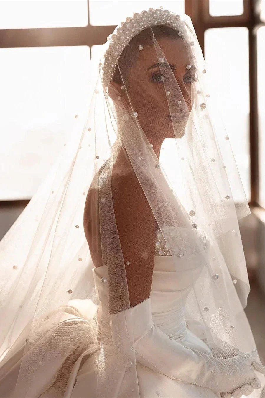 Glamorous White A-line Beading Satin Wedding Dress With Train by misshow.com
