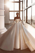 Glamorous White A-line Beading Satin Wedding Dress With Train by misshow.com
