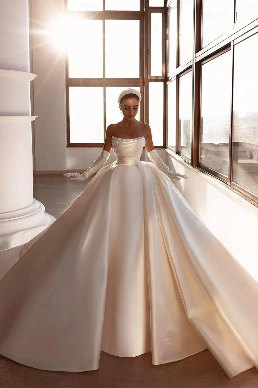 Glamorous White A-line Beading Satin Wedding Dress With Train by misshow.com