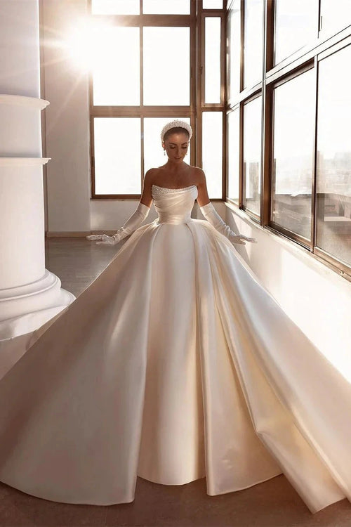 Glamorous White A-line Beading Satin Wedding Dress With Train by misshow.com