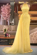 Glamorous Yellow High Neck Sleeveless Sequined Floor Length Prom Dress With Ruffles by misshow.com