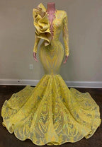 Glamorous Yellow V-neck Long Sleeve Floor-length Mermaid Prom Dresses by misshow.com