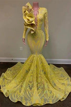 Glamorous Yellow V-neck Long Sleeve Floor-length Mermaid Prom Dresses by misshow.com
