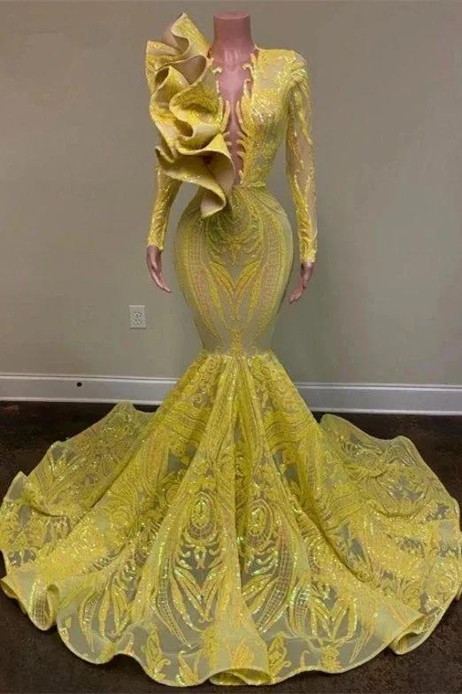Glamorous Yellow V-neck Long Sleeve Floor-length Mermaid Prom Dresses by misshow.com