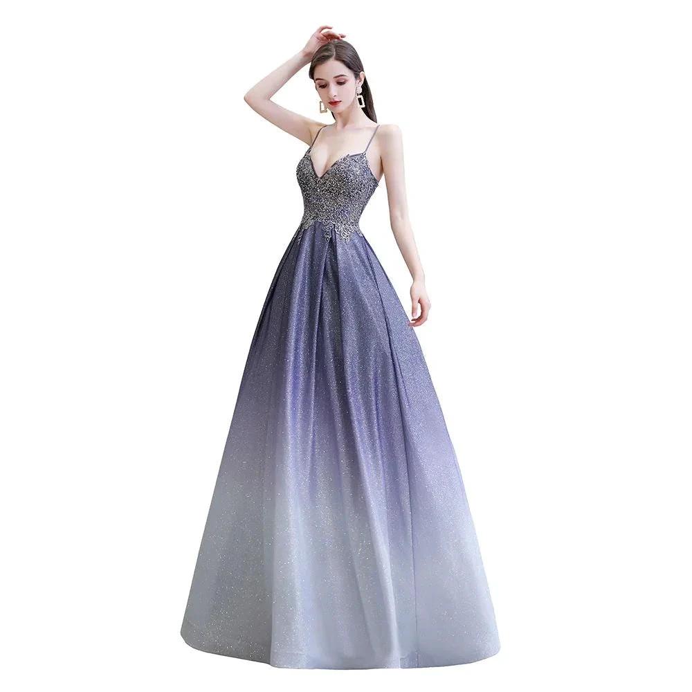Glamous Spaghetti Ombre Purple Sparkly A-line Party Dress by misshow.com