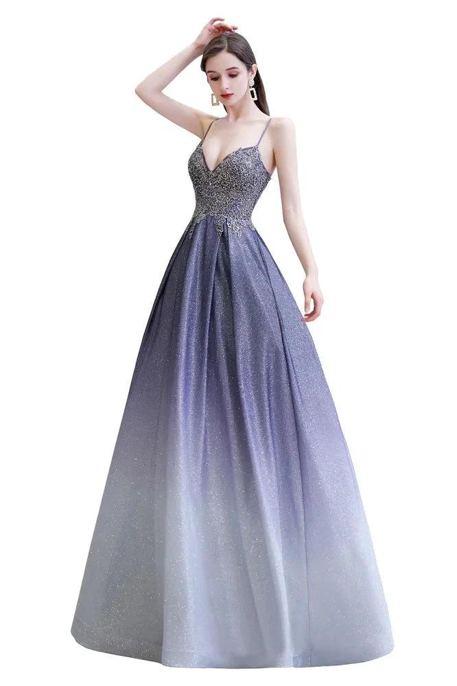 Glamous Spaghetti Ombre Purple Sparkly A-line Party Dress by misshow.com