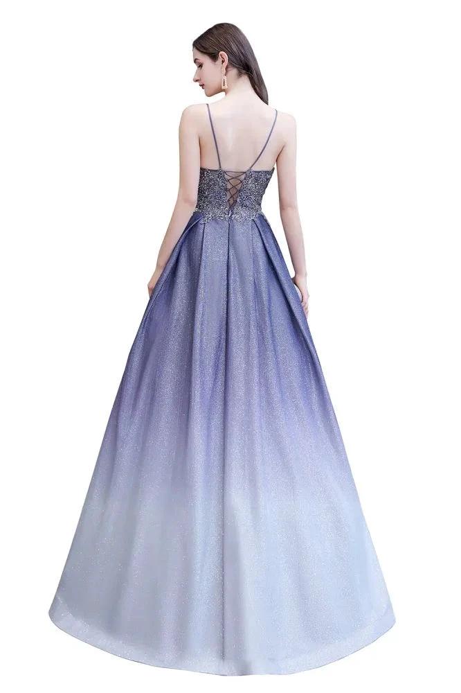 Glamous Spaghetti Ombre Purple Sparkly A-line Party Dress by misshow.com