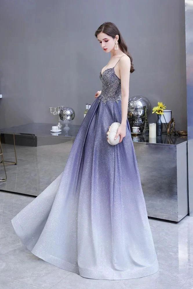 Glamous Spaghetti Ombre Purple Sparkly A-line Party Dress by misshow.com