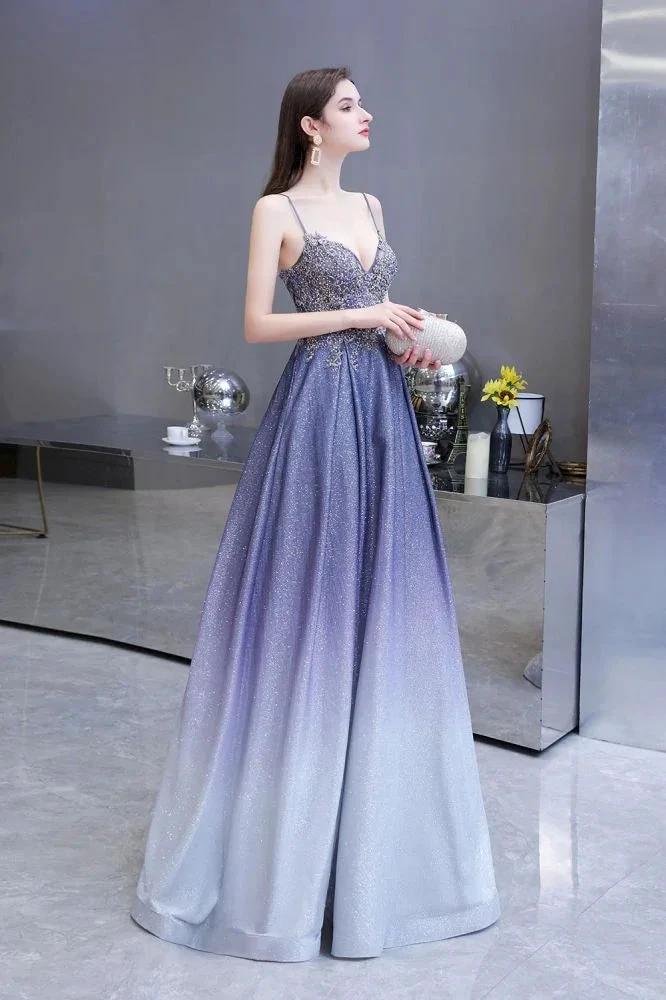 Glamous Spaghetti Ombre Purple Sparkly A-line Party Dress by misshow.com