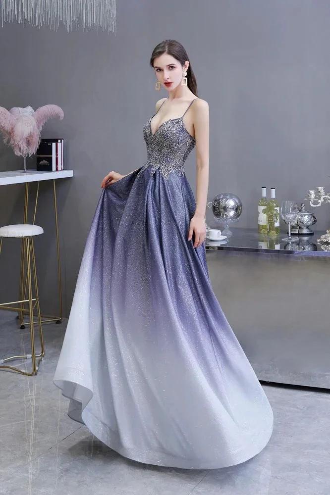Glamous Spaghetti Ombre Purple Sparkly A-line Party Dress by misshow.com