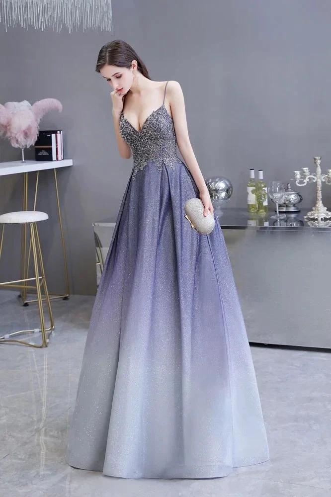 Glamous Spaghetti Ombre Purple Sparkly A-line Party Dress by misshow.com