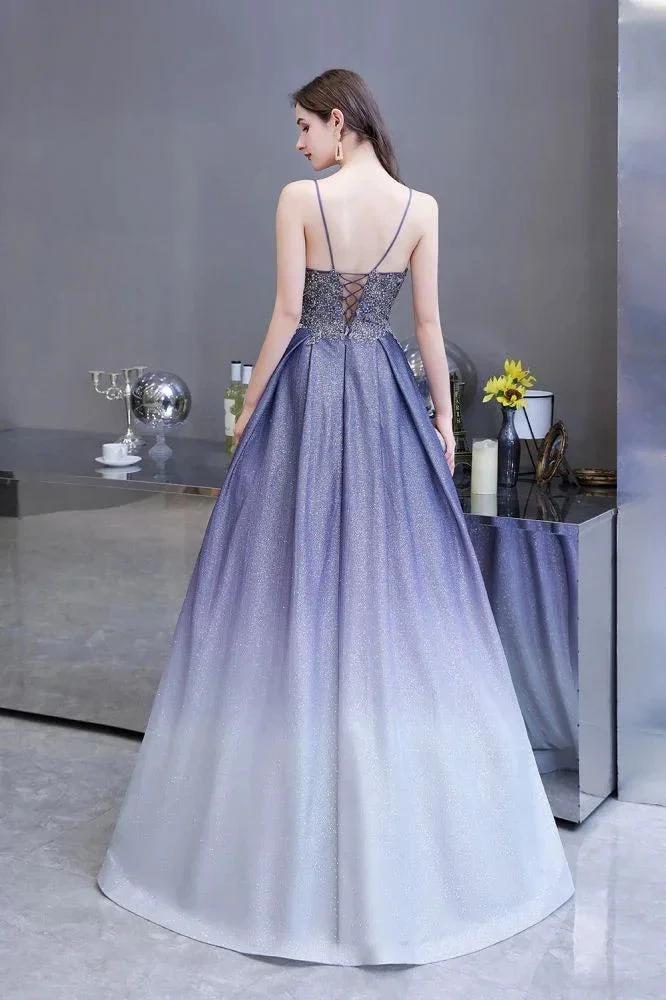 Glamous Spaghetti Ombre Purple Sparkly A-line Party Dress by misshow.com