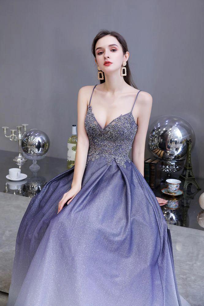 Glamous Spaghetti Ombre Purple Sparkly A-line Party Dress by misshow.com