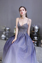 Glamous Spaghetti Ombre Purple Sparkly A-line Party Dress by misshow.com