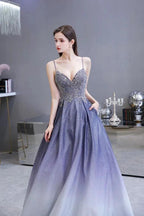 Glamous Spaghetti Ombre Purple Sparkly A-line Party Dress by misshow.com