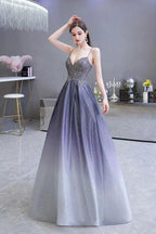 Glamous Spaghetti Ombre Purple Sparkly A-line Party Dress by misshow.com