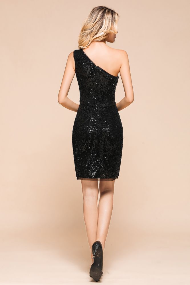 Glitter Black Sequins One Shoulder Mini Party Dress Short Cocktail Dress