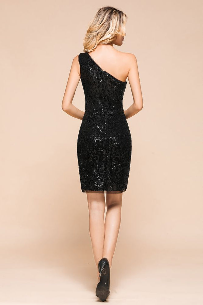 Glitter Black Sequins One Shoulder Mini Party Dress Short Cocktail Dress Main Image