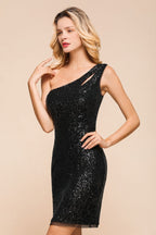 Glitter Black Sequins One Shoulder Mini Party Dress Short Cocktail Dress