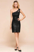 Glitter Black Sequins One Shoulder Mini Party Dress Short Cocktail Dress by misshow.com