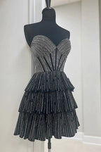Glitter Black Strapless A-Line Corset Short Homecoming Dress with Beading by KissProm