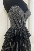 Glitter Black Strapless A-Line Corset Short Homecoming Dress with Beading by KissProm