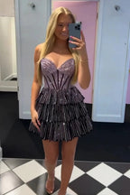 Glitter Black Strapless A-Line Corset Short Homecoming Dress with Beading by KissProm