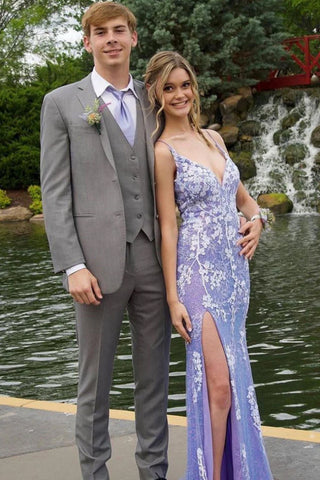 Ainhoa | Glitzerndes blaues Meerjungfrau-Spitzen-Ballkleid mit Schlitz