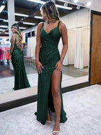 Kaylani |Mermaid V Neck Glitter Jersey Long Prom Dress with Slit by KissProm