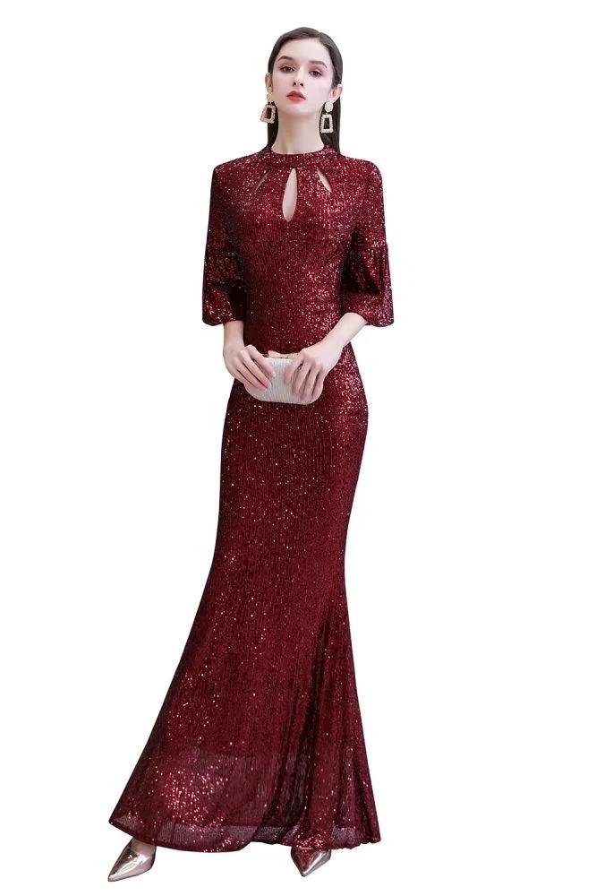 Glitter Half Sleeves Key hole Mermaid Party Dress Burgundy by misshow.com
