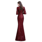Glitter Half Sleeves Key hole Mermaid Party Dress Burgundy by misshow.com