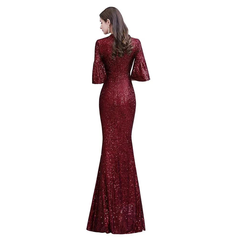 Glitter Half Sleeves Key hole Mermaid Party Dress Burgundy by misshow.com