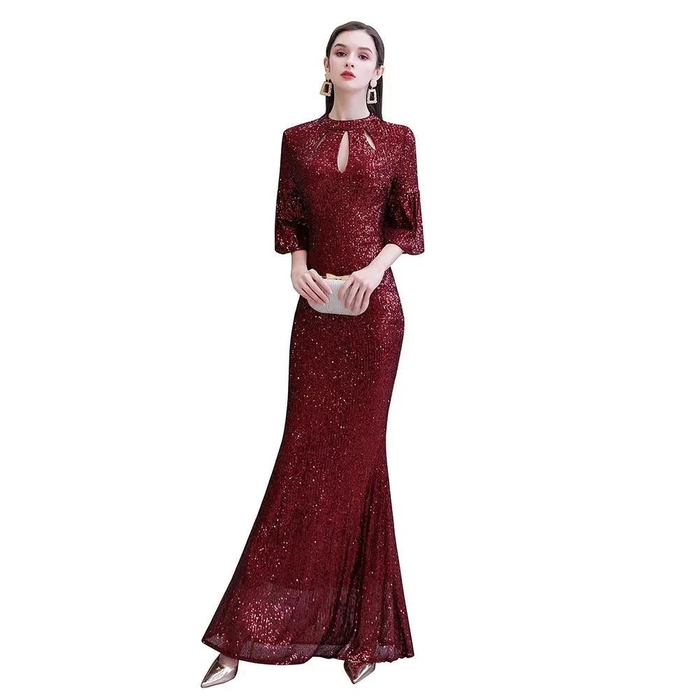 Glitter Half Sleeves Key hole Mermaid Party Dress Burgundy by misshow.com