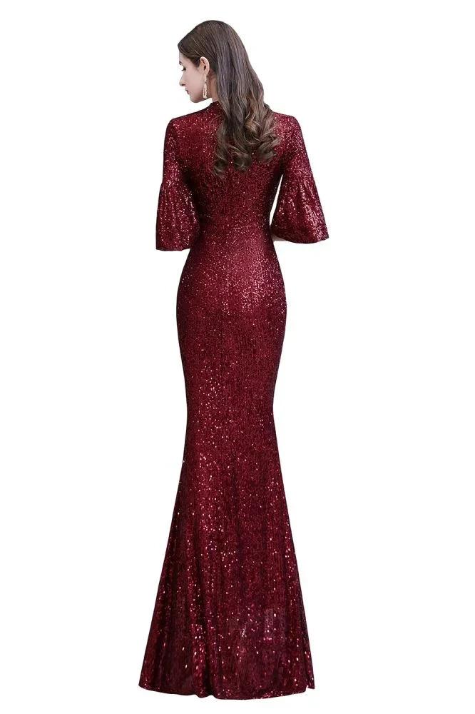 Glitter Half Sleeves Key hole Mermaid Party Dress Burgundy by misshow.com