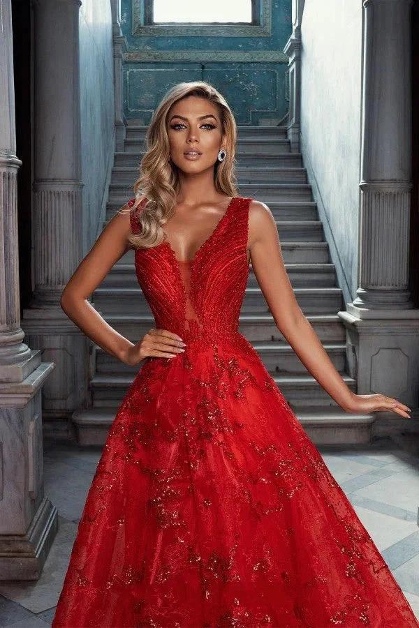 Glitter Long A-line V-neck Lace Tulle Red Prom Dress by BIZTUNNEL