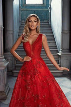 Glitter Long A-line V-neck Lace Tulle Red Prom Dress by BIZTUNNEL