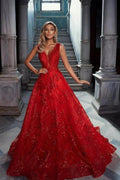 Glitter Long A-line V-neck Lace Tulle Red Prom Dress by BIZTUNNEL