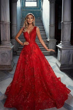 Glitter Long A-line V-neck Lace Tulle Red Prom Dress by BIZTUNNEL