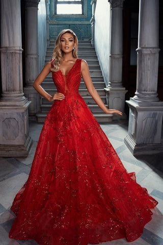 Vestido de fiesta largo de tul rojo con escote en V y encaje en A con purpurina