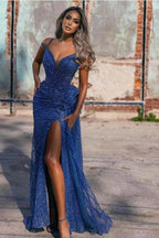 Glitter Long Mermaid Off the Shoulder Sequins Formal Evening Dresses with Slit by BIZTUNNEL