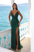Glitter Long Mermaid V-Neck Sleeveless Sequins Prom Dress with Slit by BIZTUNNEL
