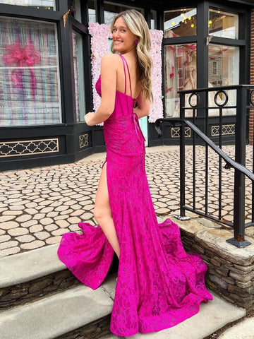 Vestido de fiesta de sirena azul marino con cola larga y abertura y brillo