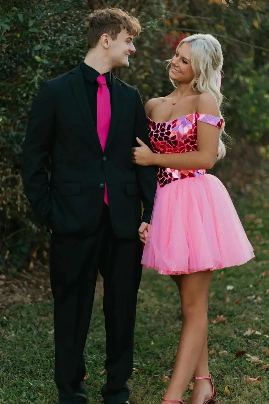 Glitter Pink Off the Shoulder A-Line Tulle Short Homecoming Dress by KissProm