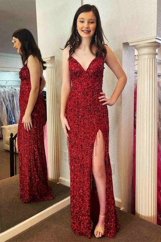 Vestido de fiesta largo con escote en V y borlas en rojo brillante
